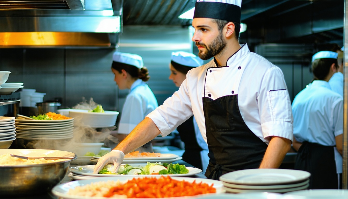 A certified food manager overseeing staff in a bus